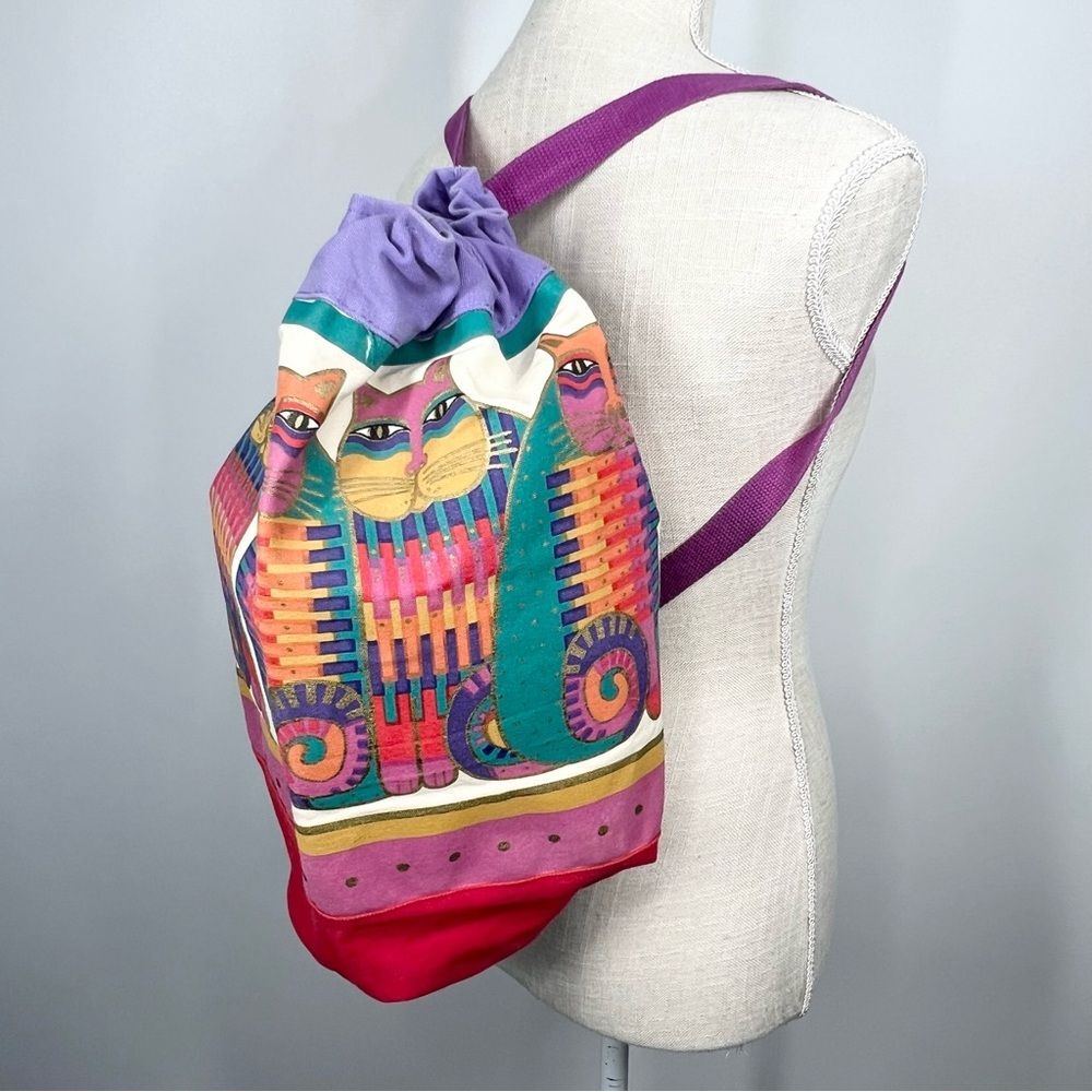 VTG Laurel Burch "Rainbow Cat Cousins" Drawstring Backpack Canvas Duffel